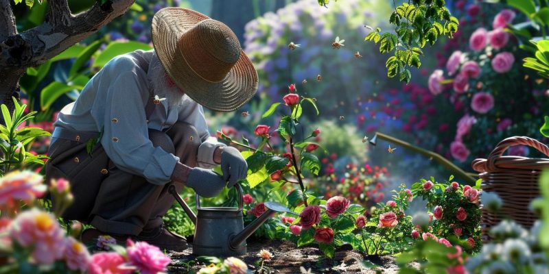 Femme-arrosant-fleurs-dans-jardin-ensoleille-seau-outils-tonte-pelouse