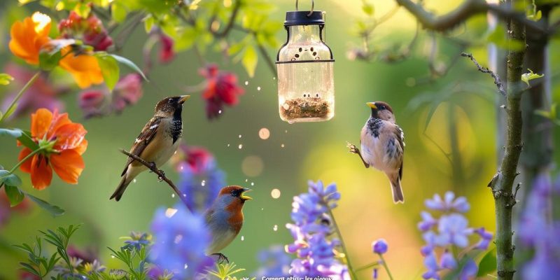 Image-de-jardin-avec-des-oiseaux-colores-mangeant-des-graines